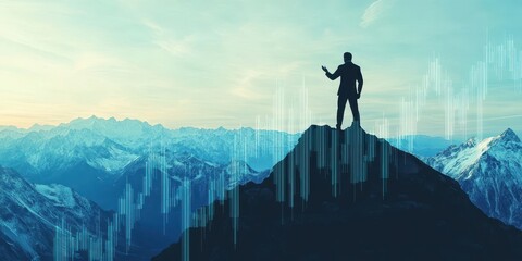 Silhouette of a businessman on a mountain peak, symbolizing achievement and success against a backdrop of data graphics.