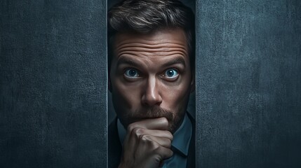 Wall Mural - A man with a beard and blue eyes is looking through a window