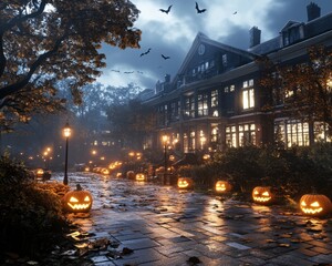 Haunted schoolhouse glowing with spooky orange lights jack-o-lanterns lighting the courtyard