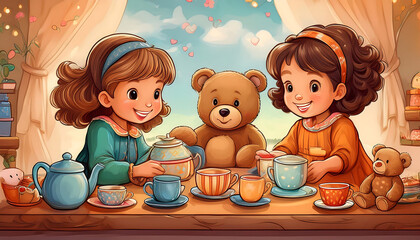 Wall Mural -  Girls playing with teddy bears and a tea set – A playful illustration of young girls enjoyi_1(135)