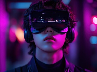 Wall Mural - Young Man Wearing VR Headset in Neon Light