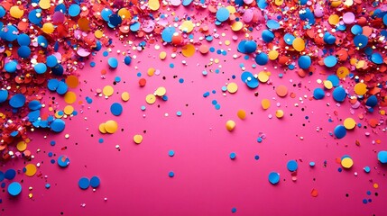 the Colorful celebration background with vibrant party confetti scattered on a pink backdrop.