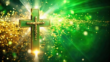 Wall Mural - Green Cross with Gold Accents Against a Green and Gold Bokeh Background