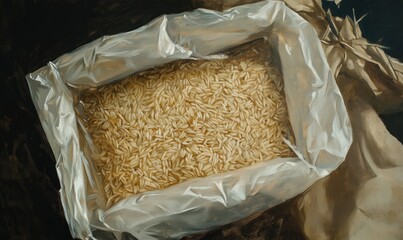 Oil painting depicting a pack of brown rice in a plastic bag showcasing the grain and packaging details