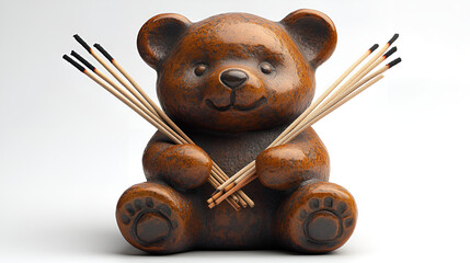 Wall Mural - A brown teddy bear gently holds a stick of incense, creating a serene and cozy atmosphere in the setting.