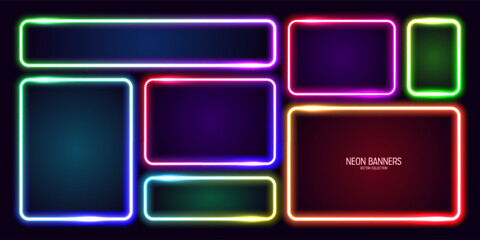 Wall Mural - colorful glowing neon banners, illuminated square frames. shiny vibrant border, glow effect. purple 