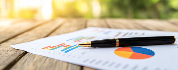 Wall Mural - Close up of startup data charts and graphs on wooden table, featuring colorful bar and pie charts. sleek black pen rests beside documents, capturing moment of analysis and planning