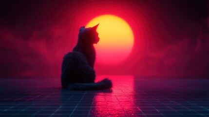 Sticker - Cat Silhouette with a Red Sunset