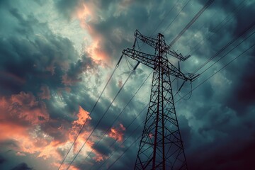 High voltage electric pylon standing against a dramatic cloudy sky at sunset