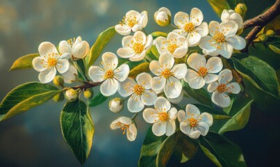 Wall Mural - Close up oil painting of vibrant Aronia melanocarpa flowers featuring delicate white and yellow blooms alongside lush green leaves on the branch Spring blossoms captured in detail