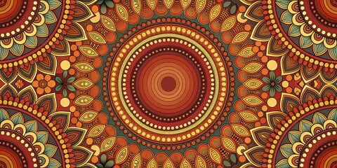 Wall Mural - African-inspired floral mandala pattern with warm colors, circles, dots, waves, and intricate lines, African, pattern, circles