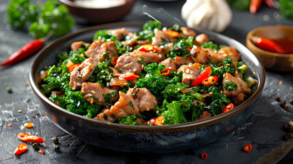 Stir-fried kale vegetable with crispy pork Add fried garlicFaint smoke