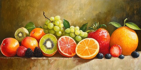 Wall Mural - Oil painting depicting fresh fruit promoting a nutritious diet emphasizing the benefits of healthy eating