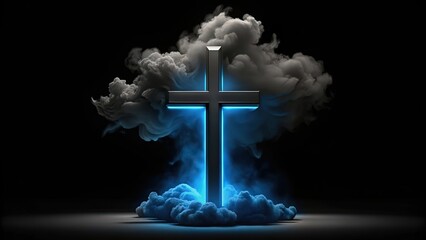 A Metallic Cross Glowing Blue and Surrounded by Clouds