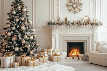 A warm, cozy living room scene featuring a beautifully decorated Christmas tree with twinkling lights and festive ornaments, surrounded by wrapped presents, creating a joyful holiday atmosphere