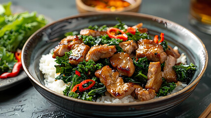 Wall Mural - Stir-fried kale vegetable with crispy pork Add fried garlicFaint smoke