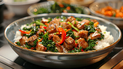 Poster - Stir-fried kale vegetable with crispy pork Add fried garlicFaint smoke