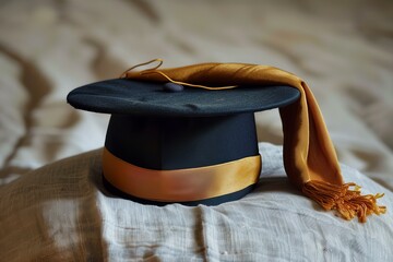 Graduation cap and gown with gold tassel resting on chair after the ceremony