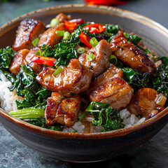 Wall Mural - Stir-fried kale vegetable with crispy pork Add fried garlicFaint smoke