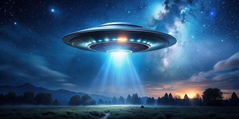 Wall Mural - Mysterious glowing UFO flying through night sky, alien, spaceship, extraterrestrial, unidentified, flying saucer