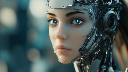 Wall Mural - A 3D image shows a robot woman with a cyborg face. This represents the idea of artificial intelligence.