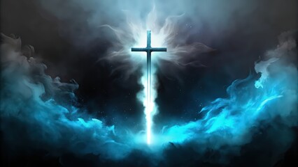 Wall Mural - A Glowing Cross Emerging from a Blue Cloud