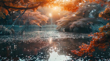 Poster - Autumn Leaves Reflecting in a Tranquil Lake