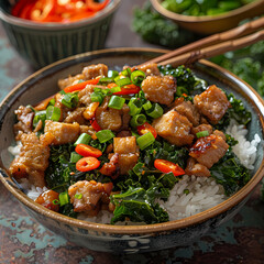 Wall Mural - Stir-fried kale vegetable with crispy pork Add fried garlicFaint smoke