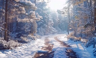 Sticker - Snowy forest trail with pine trees, hyperrealistic Video