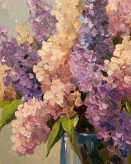 Close up oil painting of a bouquet featuring lilac flowers in a vase showcasing a detailed floral arrangement