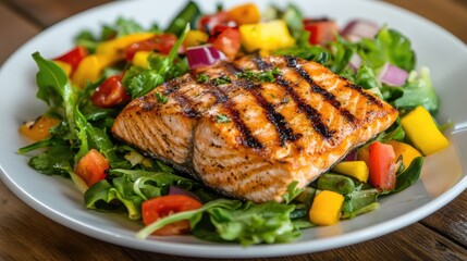 A perfectly grilled salmon fillet paired with a colorful salad of fresh vegetables, offering a healthy and appetizing meal.