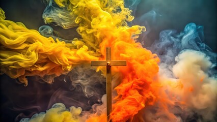 Wall Mural - A wooden cross surrounded by vibrant colored smoke