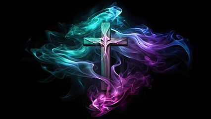 Wall Mural - Wooden Cross Surrounded by Multicolored Smoke