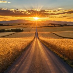 A tranquil country road leads through golden fields at sunset, creating a serene and picturesque landscape.