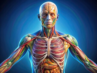 Illustration of the human anatomy showcasing internal organs, skeletal system, muscular structure, and nervous system in a detailed and colorful three-dimensional representation.