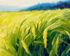 Wall Mural - Close up oil painting of a vibrant yellow green rice field