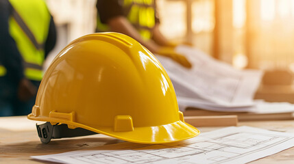 A yellow hard hat is placed on desk with blueprints, illuminated by sunlight. scene conveys sense of construction and teamwork, highlighting safety in work environment