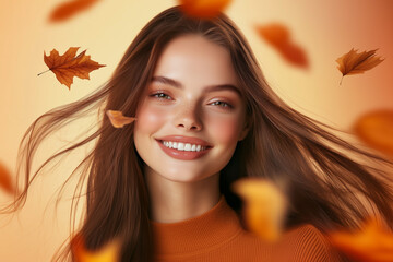 Wall Mural - Portrait of beautiful young smiling woman with autumn leafs. Healthy clean fresh skin natural make up beauty eyes on fall foliage background