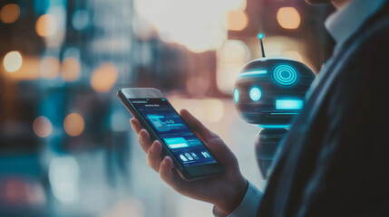A businessman is using a chatbot app on his phone, with a blurry background.