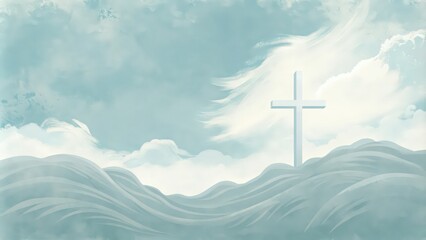 Wall Mural - A white cross standing on a hilltop with a cloudy blue sky