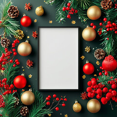 Wall Mural - a frame with christmas decorations on it and a green background