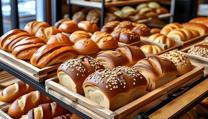 Wall Mural - Artisanal bread and pastries showcased on wooden trays in a contemporary bakery setting