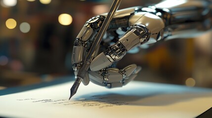 A robotic hand holding a pen and writing neatly on paper, a representation of AI's precision and capability in completing human tasks.