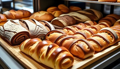 Wall Mural - Artisanal bread and pastries showcased on wooden trays in a contemporary bakery setting