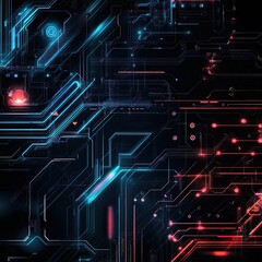 Sticker - futuristic abstract circuitry design featuring glowing lines and shapes in blue and red on a dark ba