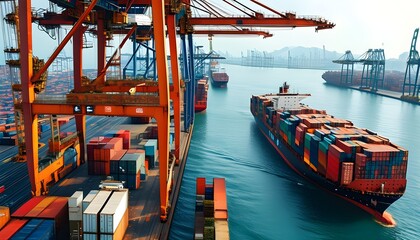 Busy port scene with cargo ship loading containers against a backdrop of cranes and bustling activity.