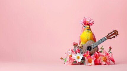 Pink Bird with Ukulele and Flowers on Pink Background