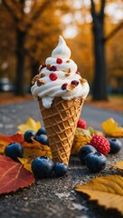 Sticker - Ice cream cone with berries and autumn leaves.