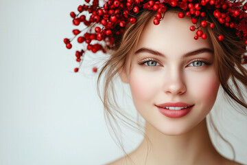 Portrait of beautiful young smiling woman with wreath of Rowan autumn leafs. Healthy clean fresh skin natural make up beauty eyes on white background