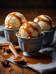 Wall Mural - Ice cream scoops with caramel sauce, cinnamon, and ice for a cozy fall treat.